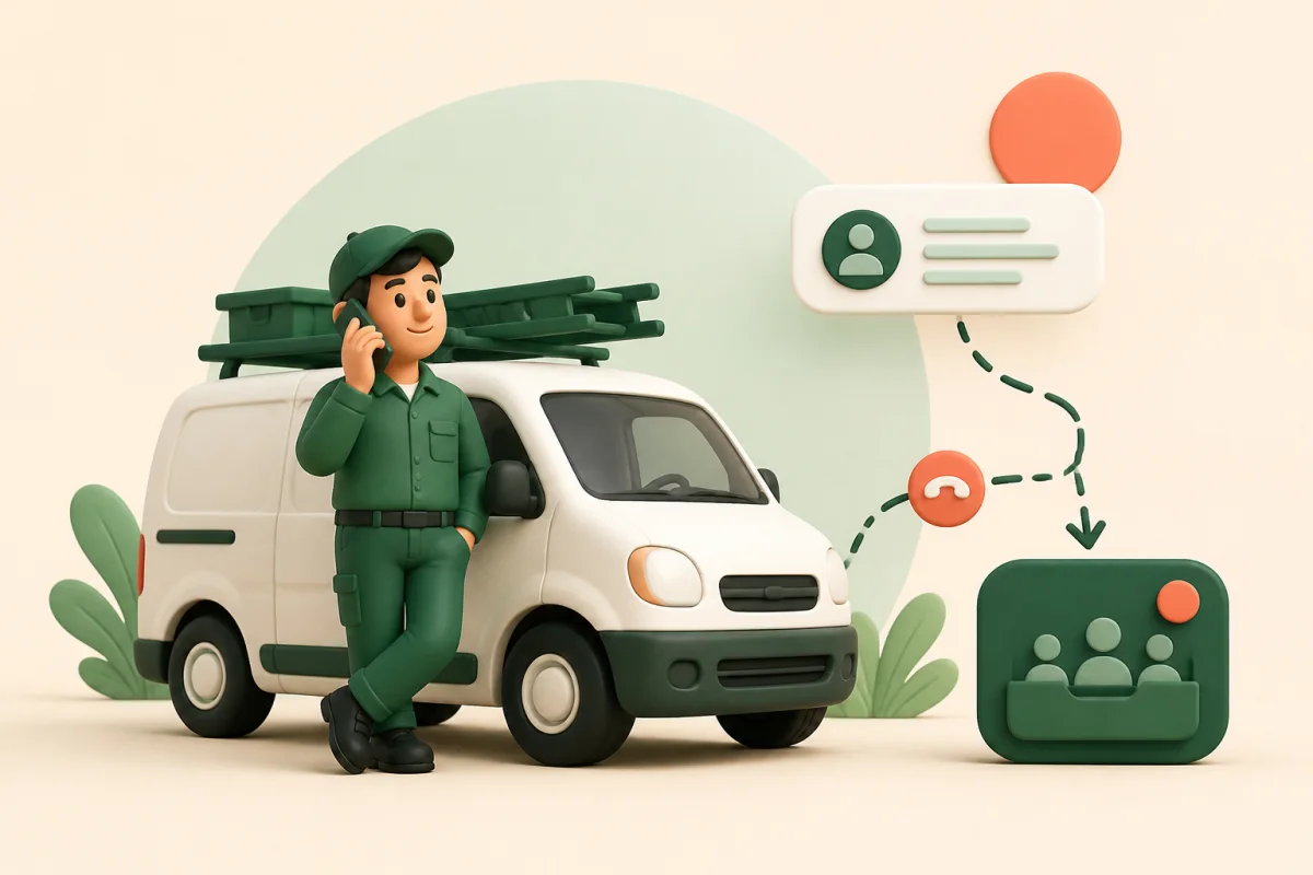 A field service professional receiving a forwarded customer call beside a work van
